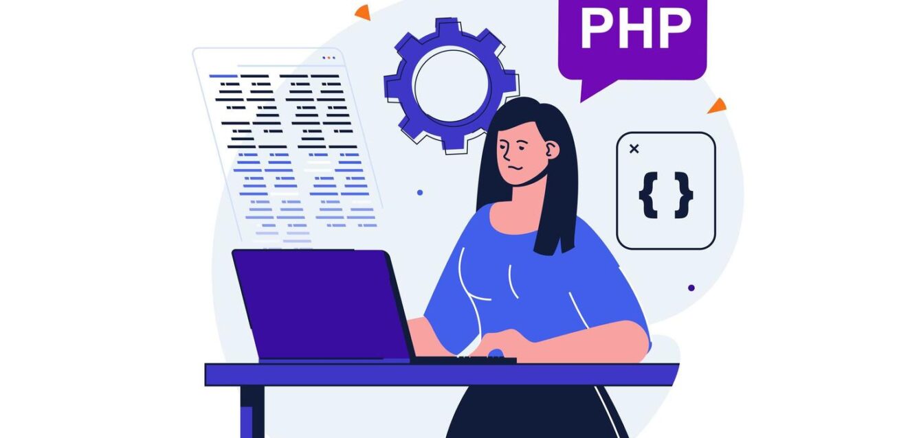 programmer-working-modern-flat-concept-for-web-banner-design-female-developer-works-on-laptop-and-programs-in-php-and-other-programming-languages-illustration-with-isolated-people-scene-vector